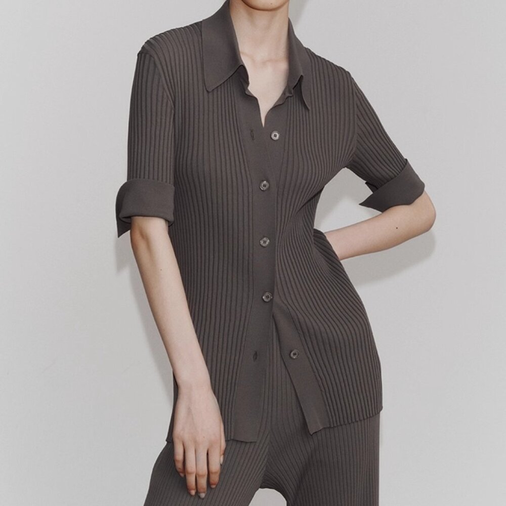 CHICJOC Rib-Knit POLO Collar Top – Size 38 (Elephant Grey)